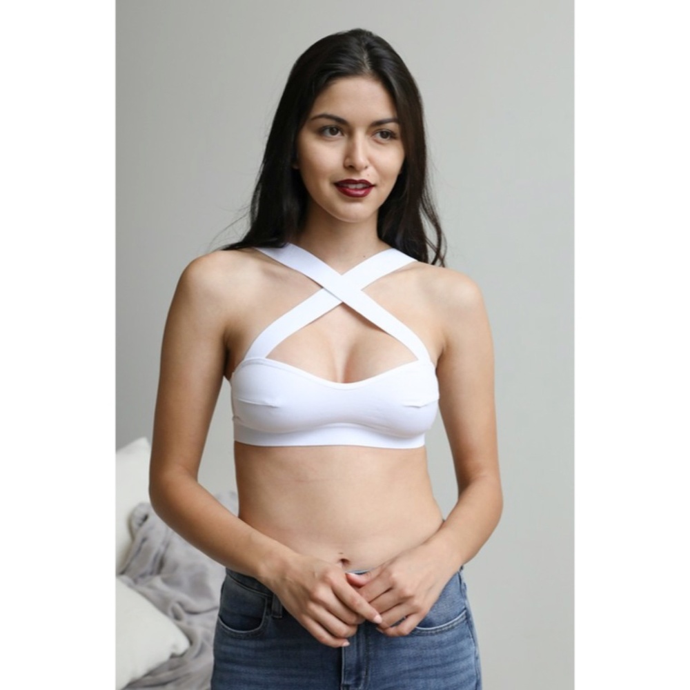 SOLD OUT White Cross Strap Front Solid Multi Way Low Cut Bralette - Picture 4 of 7